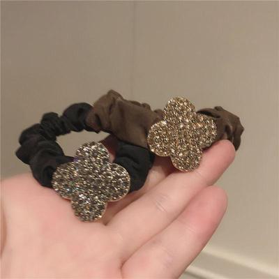 Korean Crystal Diamond Four-Leaf Clover Hair Band - Hair Tie and Ponytail Holder with Leather Case.