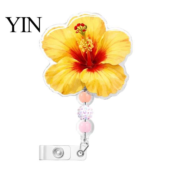 Decorative ID Badge Reel for Nurses Cute Flower Reels, Retractable Nurse Clip with Beaded Secure Backpacks Charm, Floral Name Card Holder Teacher