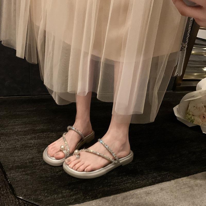 [] Pearl Puffs~ Rhinestone Set Toe Casual Delicate Flat Bottom Sandals Women's Slippers Outer Wear Summer