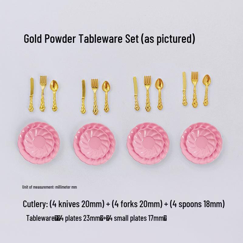 Miniature Dollhouse DIY Model Cake Set: Alloy Plate, Knife, Fork & Spoon Props