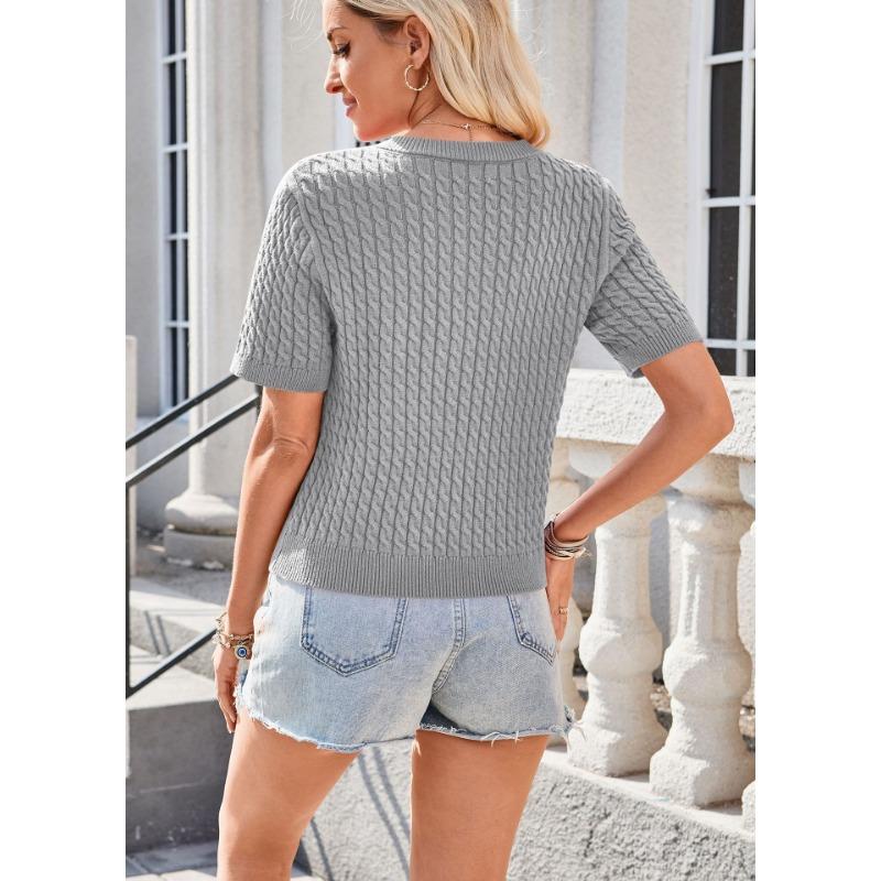 Women European Style Short Sleeve Button Front Cropped Round Neck Knitted Cardigan Sweater