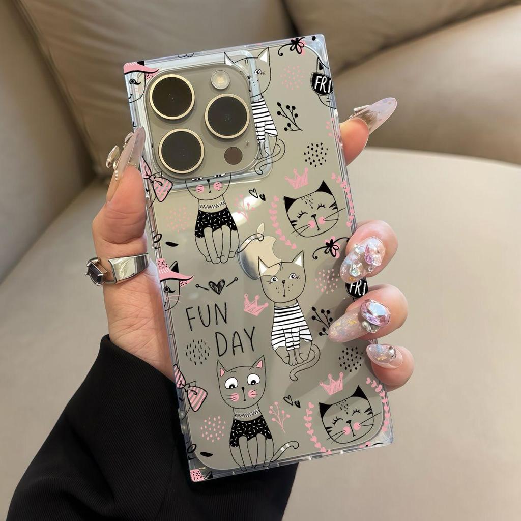 Clear Square Back Tube Case Protection For iPhone 12 13 11 16 ProMax 15 Plus 14 Pro Max Anti-Oxygen,Line Drawn Cats Pattern Casing