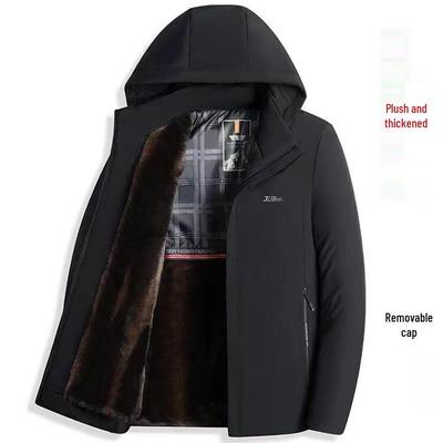 Herren Winter Baumwolljacke mit abnehmbarer Kapuze, Kälteschutz und warme Oberbekleidung für mittlere und ältere Menschen, mit Samtfutter.