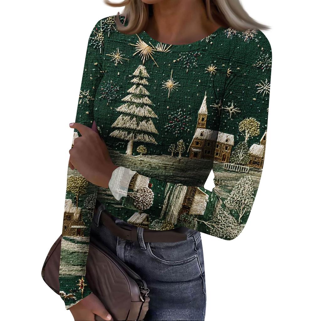 Women's  Slim Bottom T-shirt Fashion Casual Gradient Printing Round Neck Pullover Long Sleeve Top