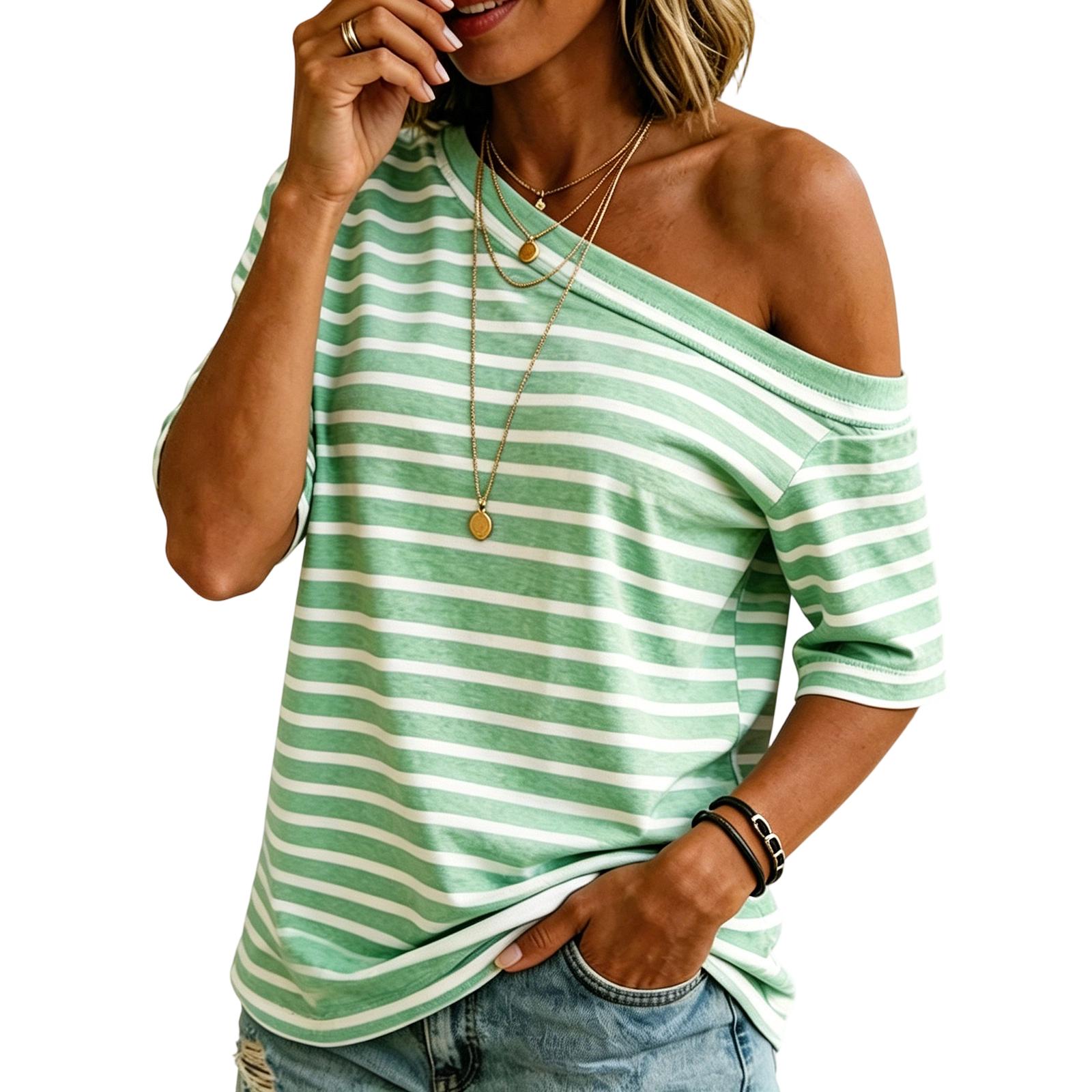 

Women Casual Striped Off Shoulder Top Half Sleeve Loose Fit Lightweight Summer Blouse Soft Fabric Comfortable Design XL зелений
