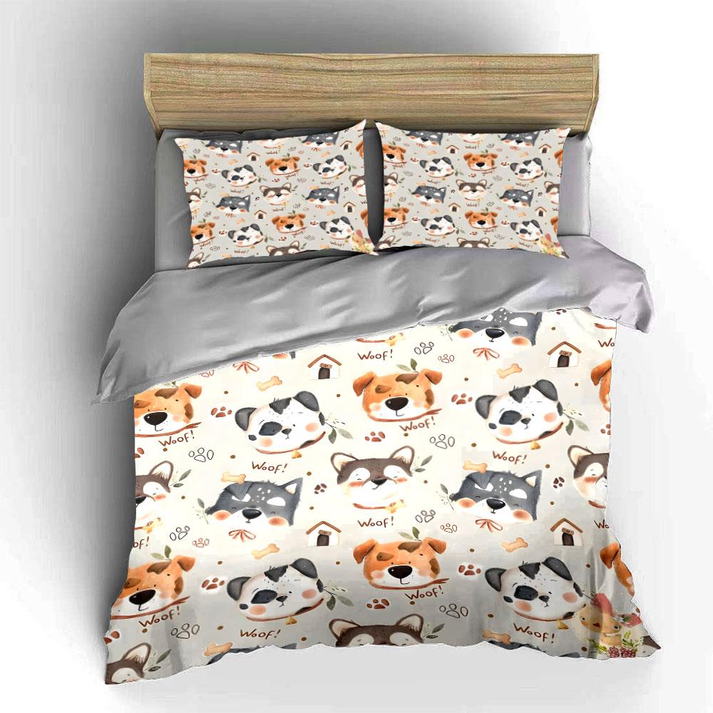 Cartoon Dogs and Paw Prints Print Bedding Set 1 Duvet Cover 2 Pillowcases for Adult and Children Luxury Gift Full Size