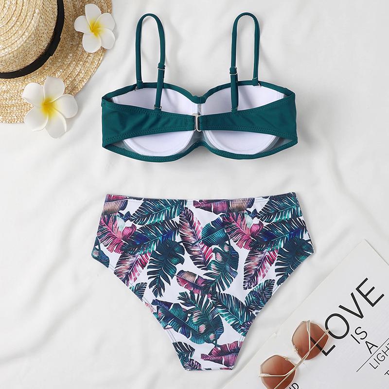 Two-Piece Swimsuit Women Underwire Padded Push-Up Split Bikini Solid Color Bra Floral Print High Waist Bottoms Swimsuit