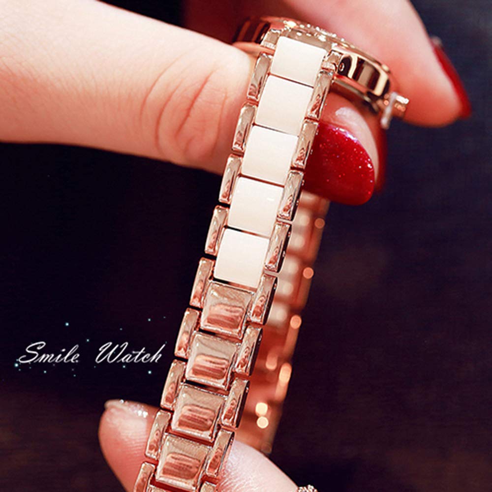 KIMIO K6121 Women's Simple Watch with White Ceramic and Rose Gold Band and Diamond Dial