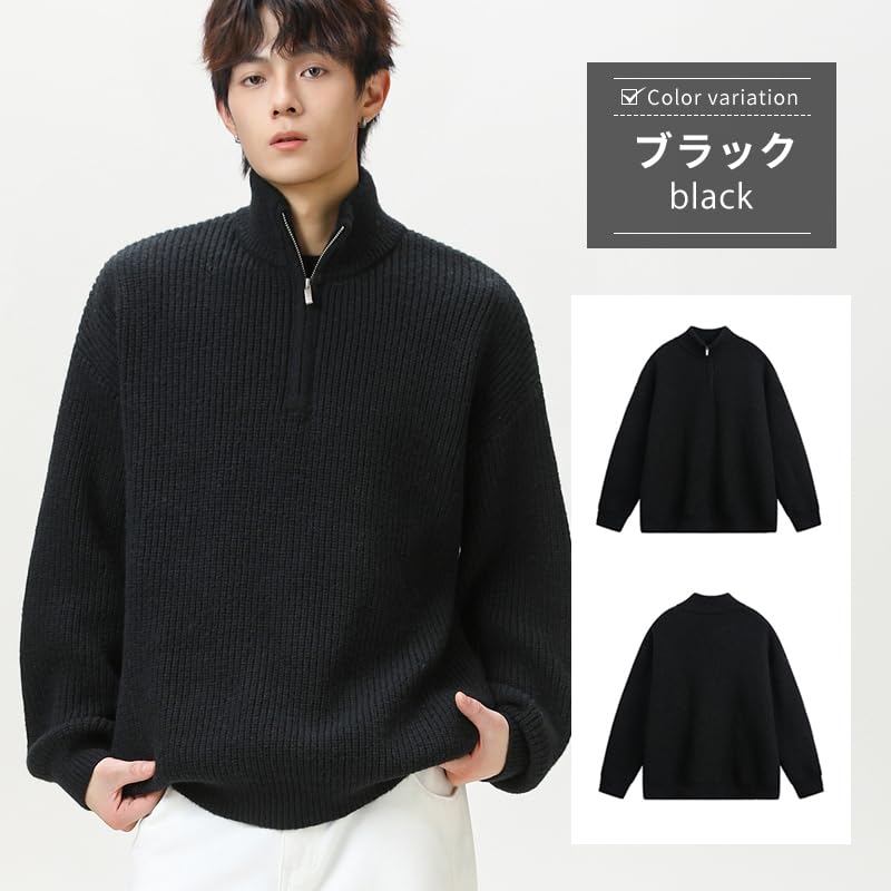 Manatsulife Knit Long Loose Vertical Pattern Ribbed Everyday MY4155 Men's Sweater, Half-Zip, Sleeves, Stand-Up Collar, Thick, Warm, Fit, Detail,
