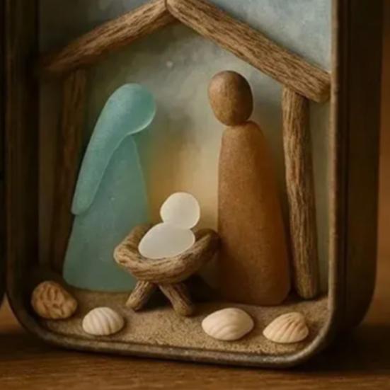 Coastal Nativity Scene Ornament Handcrafted Sea Glass Art Mini Nativity Scene In A Tin Collectible Holy Family Decoration Christian Gift for Ocean