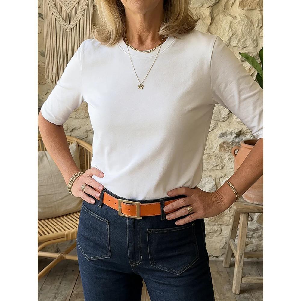 Women Comfort Versatile T-Shirt, Casual Round Neck Shoulder Short Sleeve Top for Inner & Outer Wear