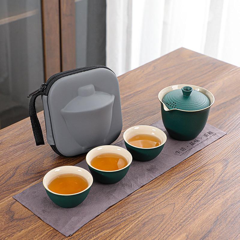 

Travel tea set Kuaike cup, one pot, three cups, portable cover bowl, small set, outdoor kung fu set, tea gift