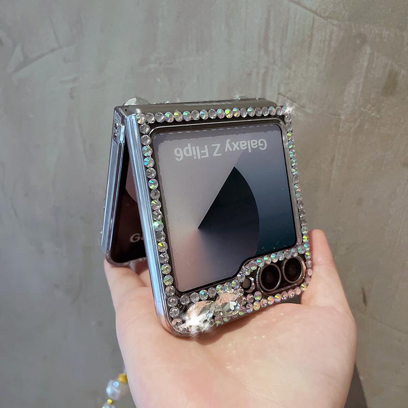 For Samsung Galaxy Z Flip 7 FE 6 5 4 3 5G Fashion Cute Rhinestone Butterfly Diamond Case Cover with Bling Crystal Hand Strap