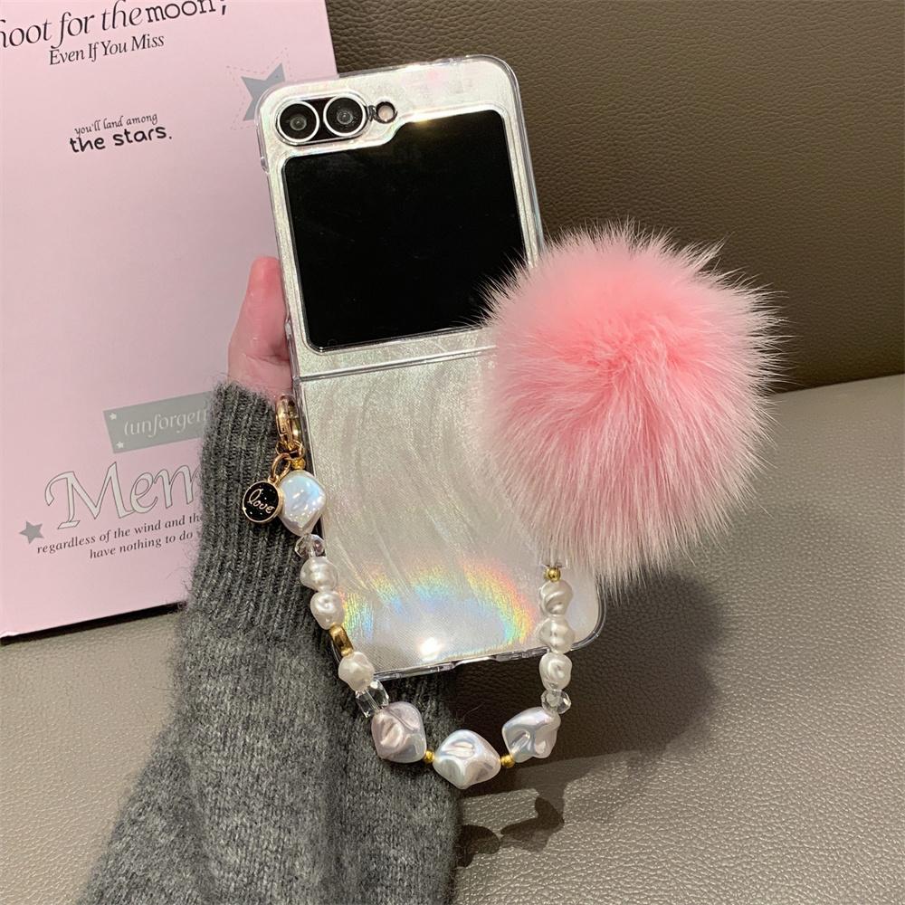 Aurora Gradient Hairball Bracelet Case for Samsung Galaxy Z Flip 6 5 4 3 flip6 Furry Wrist Chain Laser Colorful Shockproof Cover