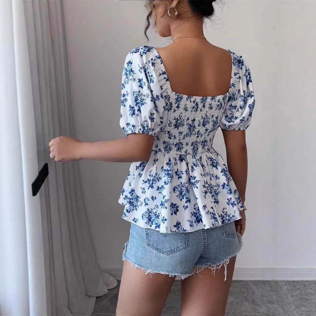 Spring Summer New Arrival Women's Square Neck Smocked Print Short Sleeve Top Fashion Slim Fit Sexy Casual Blouse