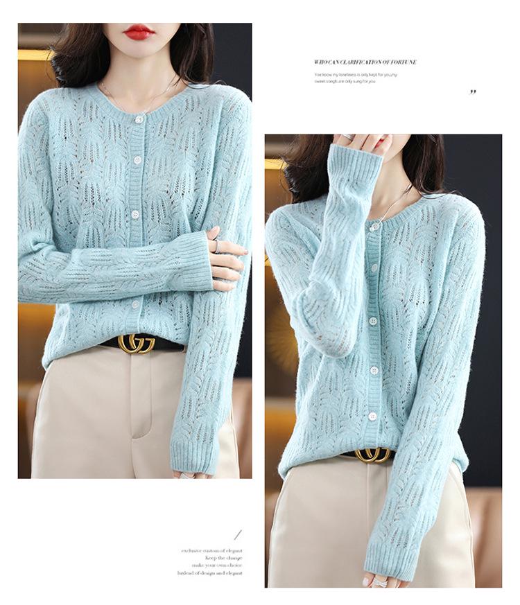Women's Fashionable Autumn Wool Cardigan Coat - Round Neck, Knit, Hollow Design Cashmere Sweater