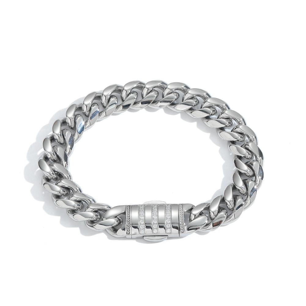12mm Men s Real Gold-Plated Stainless Steel Charm Cuban Chain Micro-Inlaid Zircon Copper Clasp Bracelet 7inch