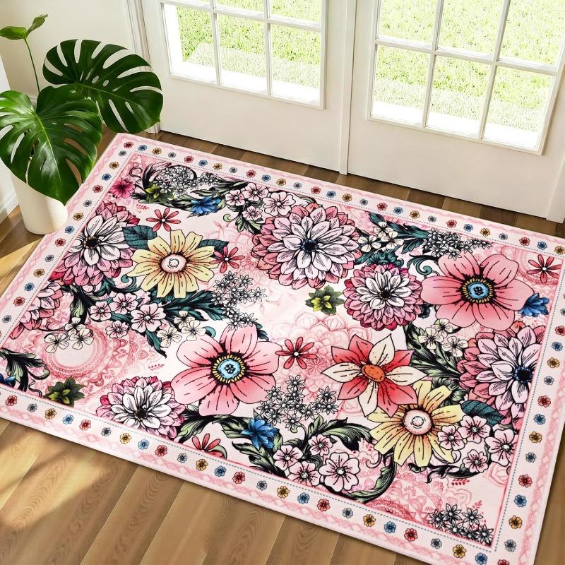 Retro Floral Door Mat Black Vintage Flower Pattern Entrance Floor Rug Luxury Boho Home Decor Carpet Soft Non-Slip Welcome Mat
