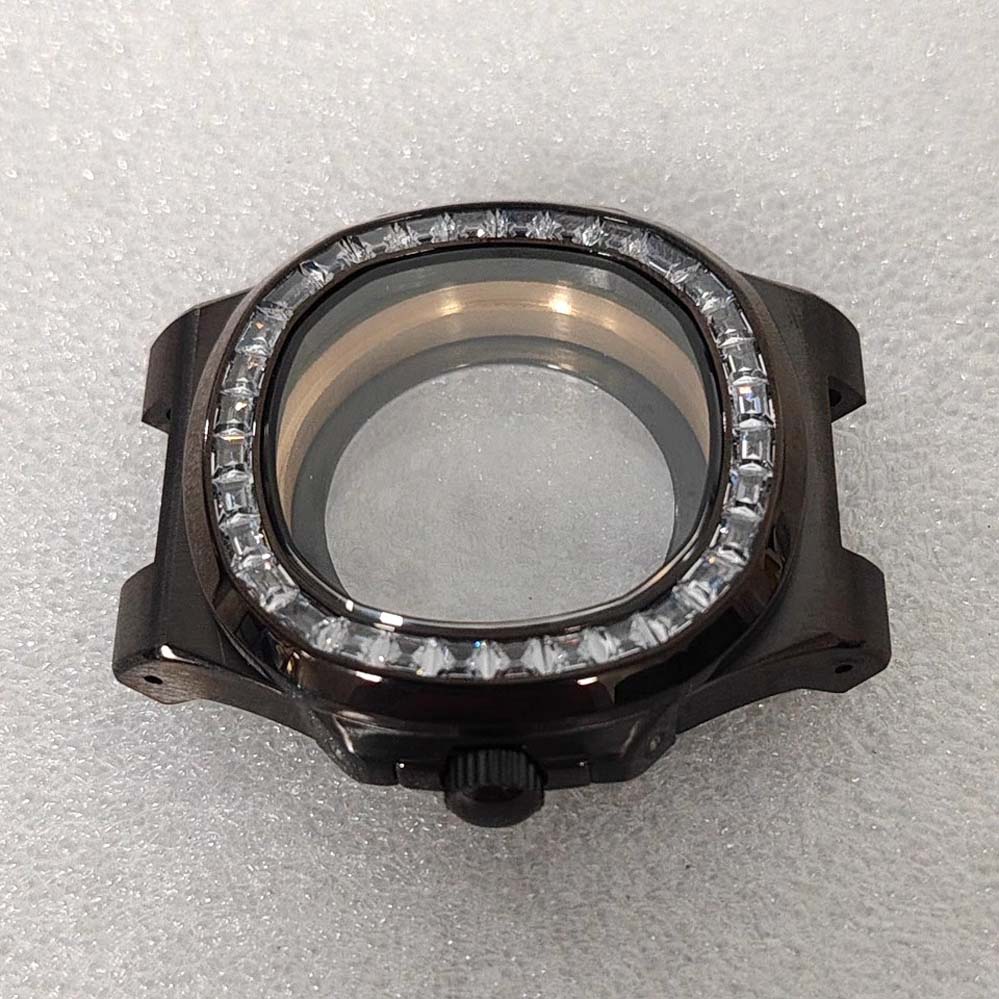 41mm Black PVD Electroplating Diamond inlaid Watch Case Sapphire Glass Watches Accessories for NH35 NH36 4R36 7S Movement