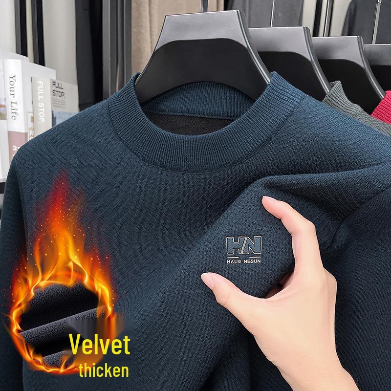 Men's Thick Plush Fleece Knit Top - Round Neck, Warm Base Layer for Winter/Autumn