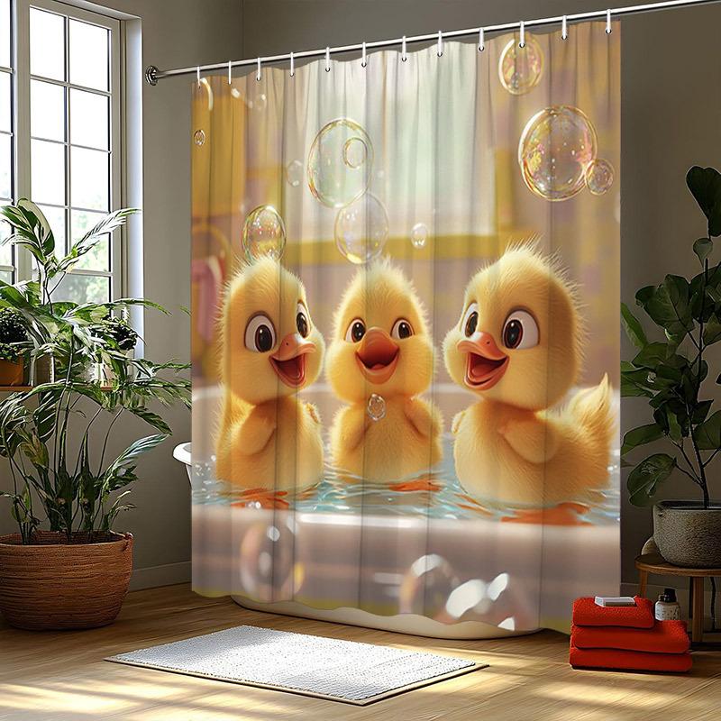 Playful Ducks Shower Curtain - Heartwarming Bath Time, Polyester, 12 Hooks, 70.8x70.8 Inches, Adorable Design, Machine Washable