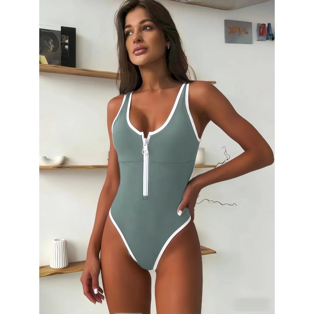High Waist Monokini with Front Zipper Elegant Trendy Solid Color One Piece Swimwear Tummy Control Bathing Suit Summer Bodysuit