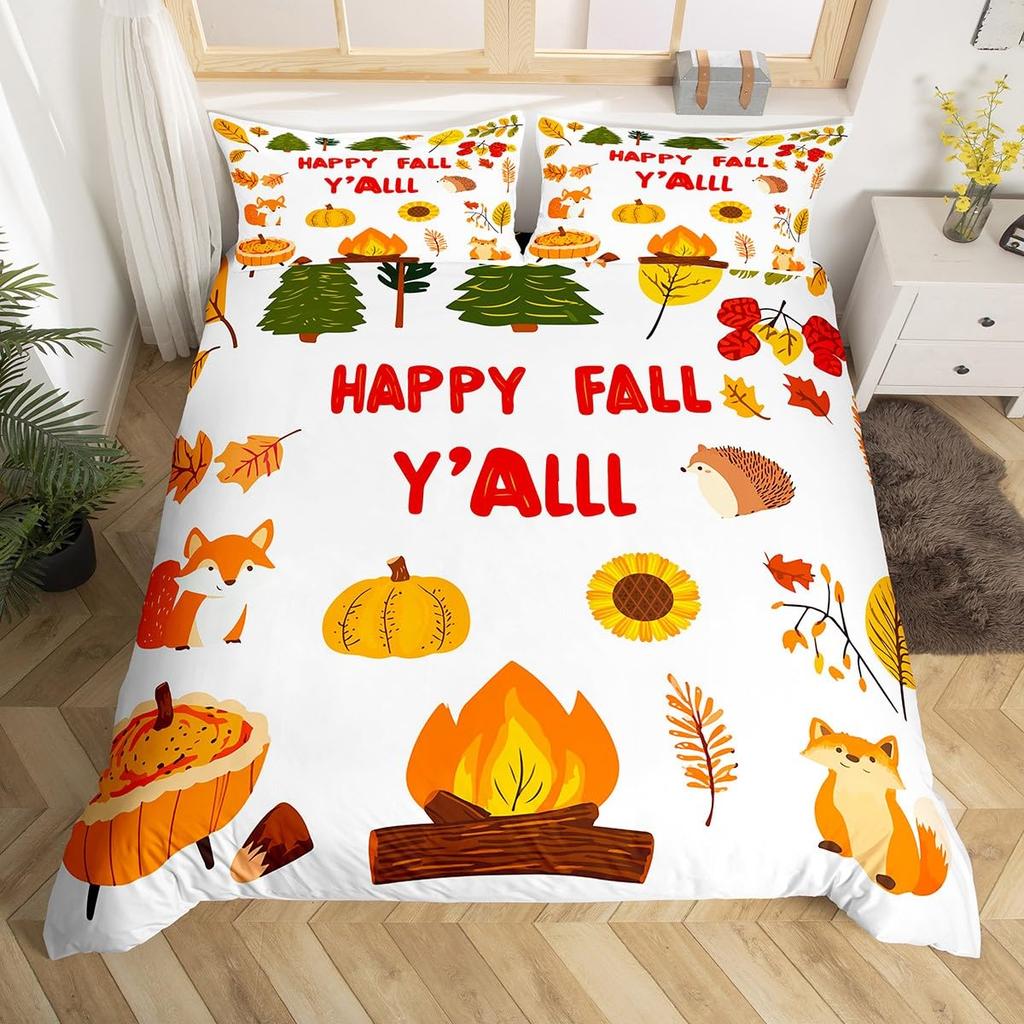 Fall Pumpkin Twin Duvet Cover, Autumn Leaves Bedding Set Thanksgiving Home Decor Fall Harvest Rustic Farmhouse Comforter Cover