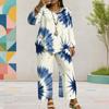 Women Plus Size Round Neck Long Sleeve Printed Layered Top Wide Leg Cropped Pants Two Piece Set