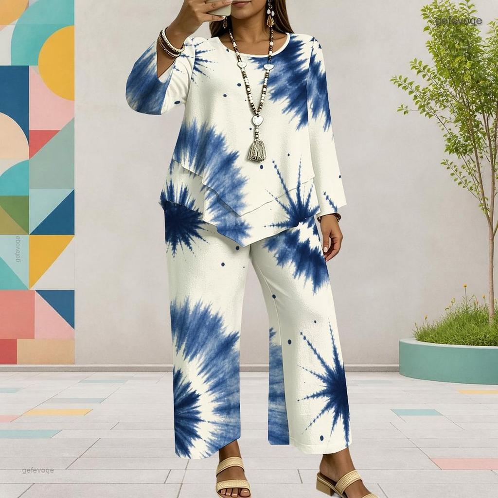 Women Plus Size Round Neck Long Sleeve Printed Layered Top Wide Leg Cropped Pants Two Piece Set