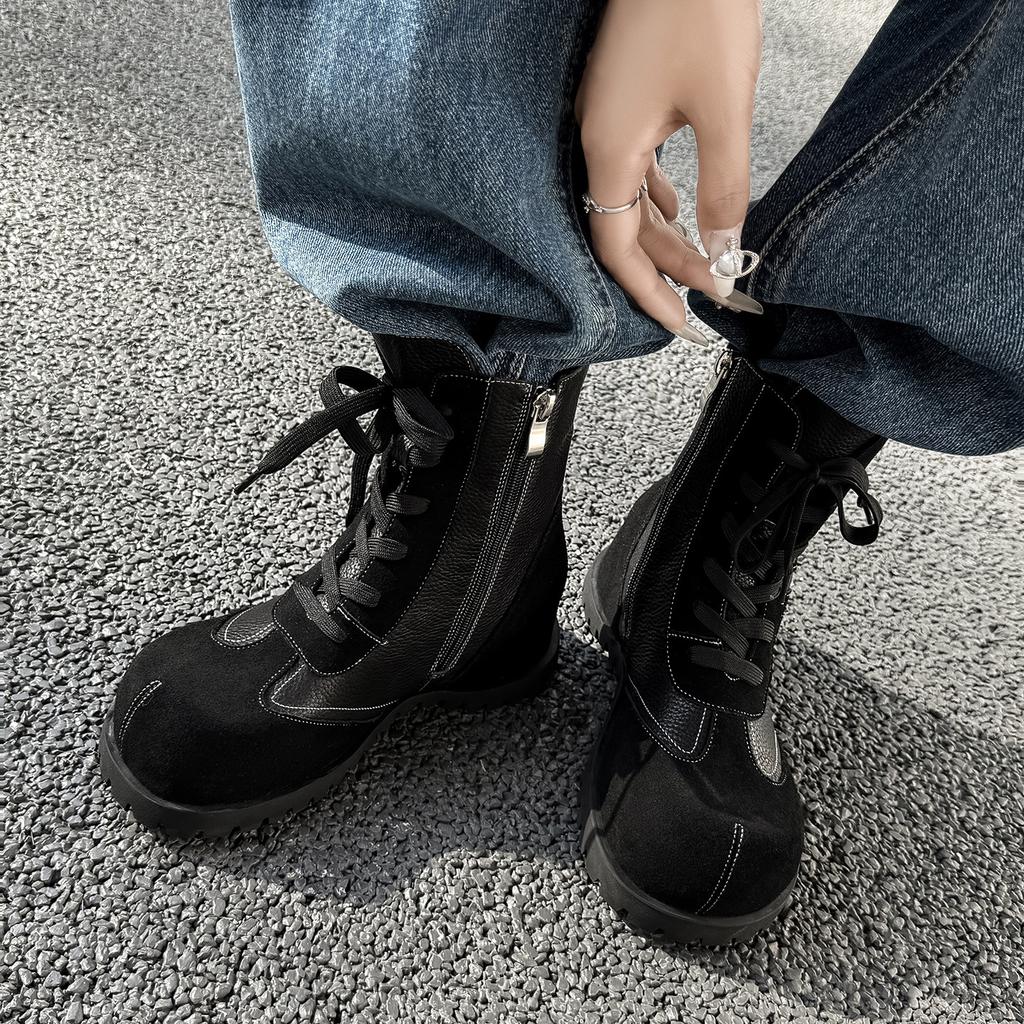 British style fashion versatile lace-up Martin boots 2025 autumn and winter new round head flat bottom inner height increase small short boots wome