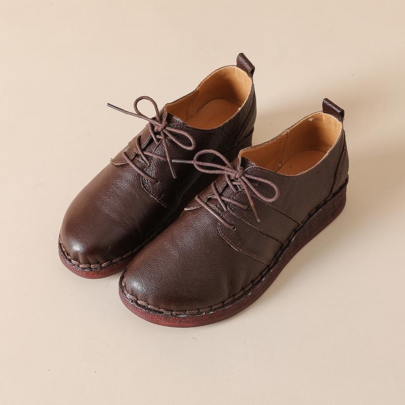 Johnature Genuine Leather Soft Soled Women's Shoes Casual Versatile Lace-up Soft Cowhide Flats