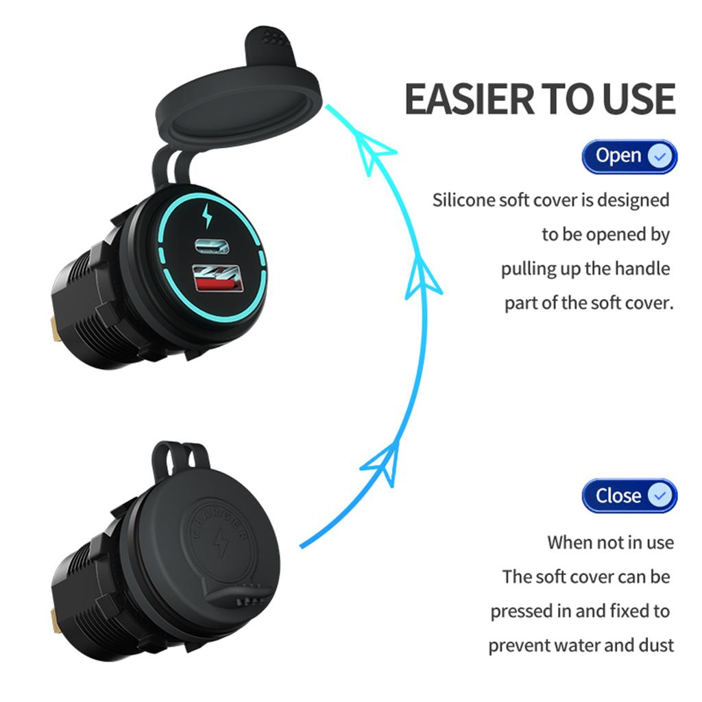 12V-24V Car QC3.0 Fast Charging USB and PD Dual Port for Car Motorcycles, h Bikes, SUVs, Boats IP66 Waterproof Multiple A