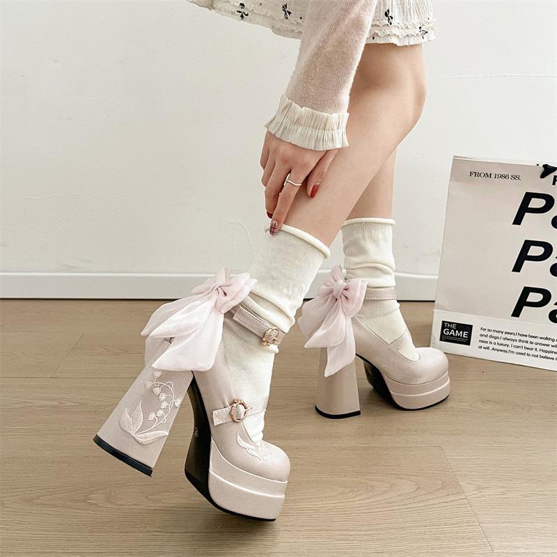 Spring and Autumn Women's Platform High Heels Lolita Shoes Cross Straps  Shallow Mouth Lolita Single Shoes
