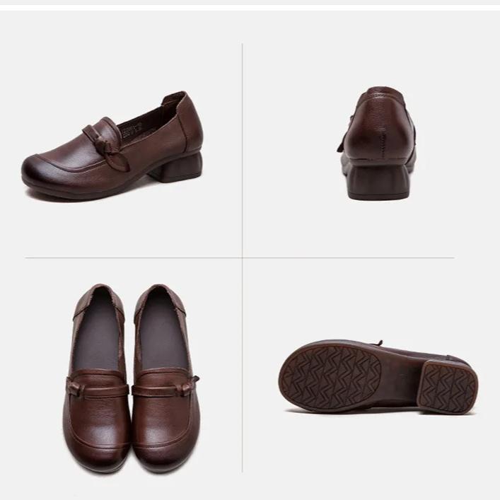 Johnature Pantofi cu toc Retro Decupați Piele Naturală Navetă Confortabili Versatili Pantofi cu Toc pentru Femei