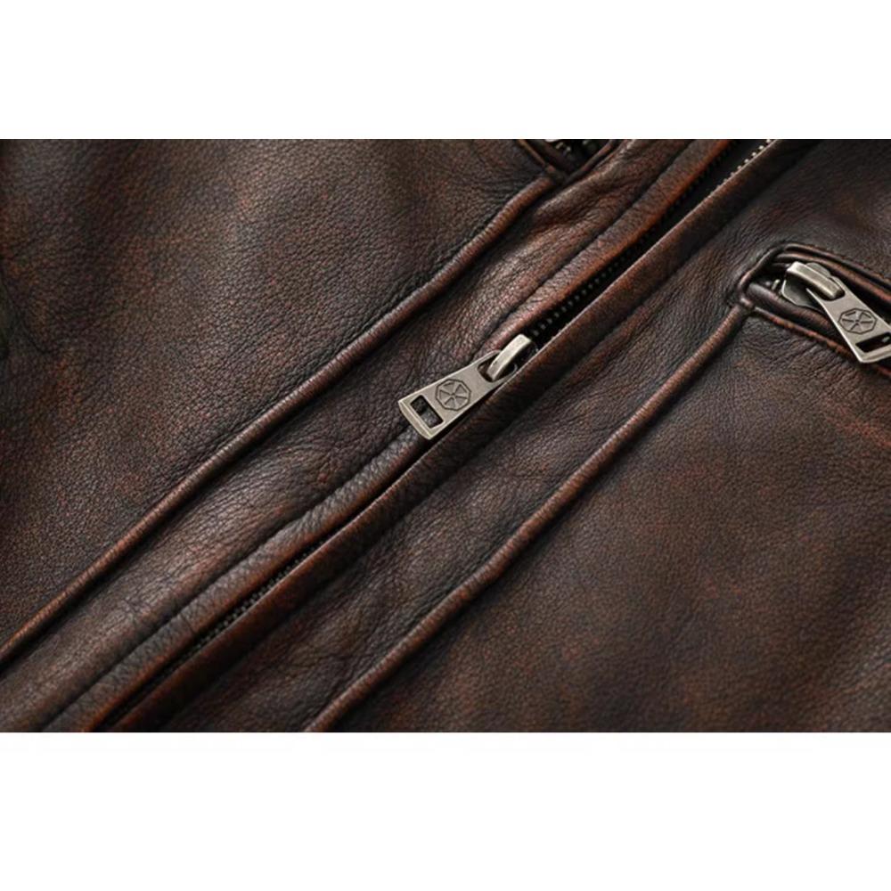 Chinese Size Vintage Red Browm Genuine Leather Jacket Light Coated First Layer Cowhide  Men Leather Jacket Fall and Winter