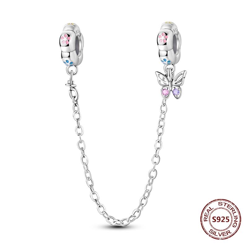 Butterfly Charm copper Authentic Pink Blue Zircon Fly Butterflies Safety Chain Clip Charm Bead Charms Compatible With Bracelets Do It Yourself Jewelle