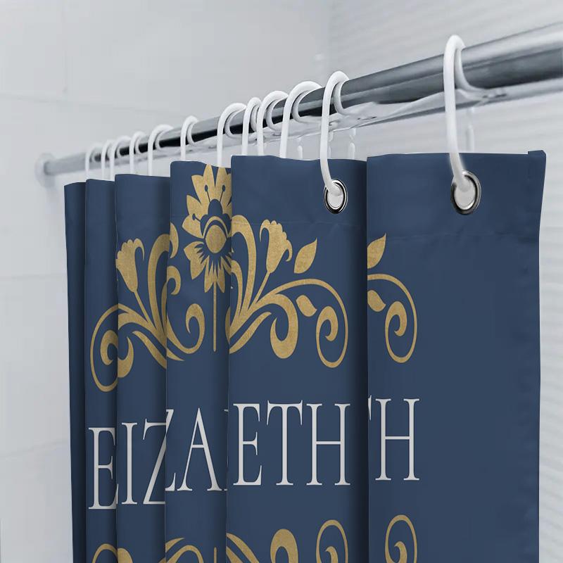 Luxury Printed Custom Name Bath Shower Curtain with Blue Golden Floral Design Personalized Decor for Home Bathroom ELIZABETH