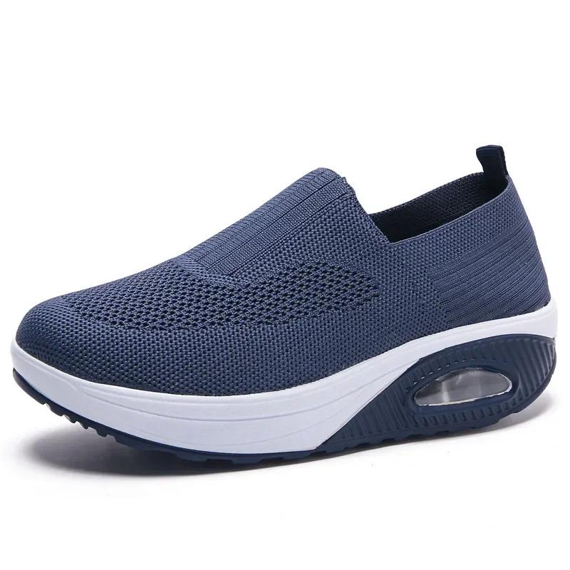 Women Knitted Mesh Sneakers Breathable Casual Sport Shoes Wedge Platform Rocking Shoes Increasing Ladies Vulcanized Shoes2025