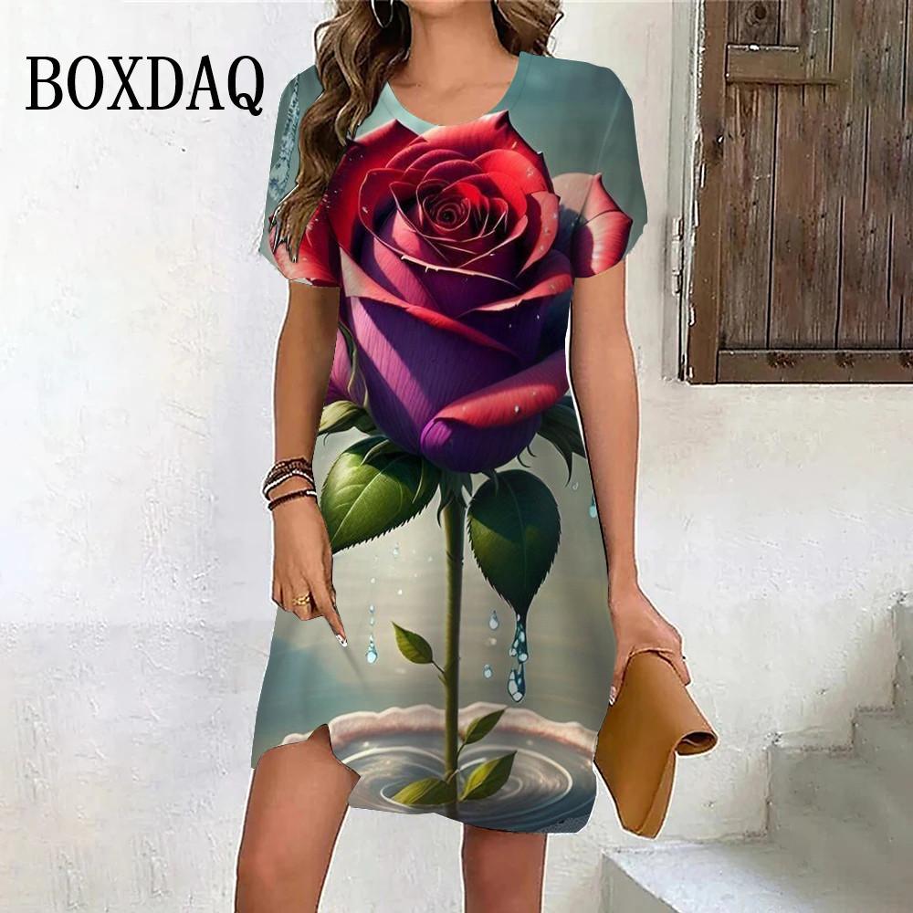 Nowe Letnie Sukienki na Imprezę Plażową Dla Kobiet Vintage Tie Dye Czerwony Różowy Kwiatowy Wzór Sukienka Krótki Rękaw Pulower Luźna Duży Rozmiar Sukienka