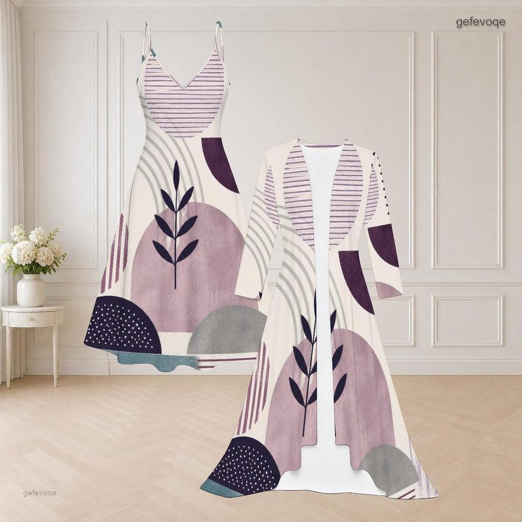 Women Plus Size Black White Orange Geometric Printed Two Piece Set Strappy Flared Dress Long Sleeve Open Front Cardigan
