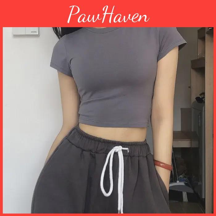 Solid Retro Color Round American Neck Elastic Crop Top Tee