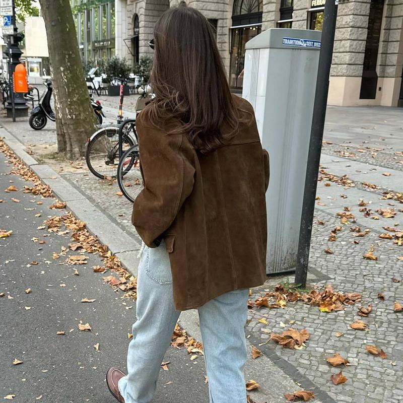 Giacca da Donna in Pelle Scamosciata alla Moda Primavera Capispalla Blazer Casual Donna Manica Lunga Cappotti Donna