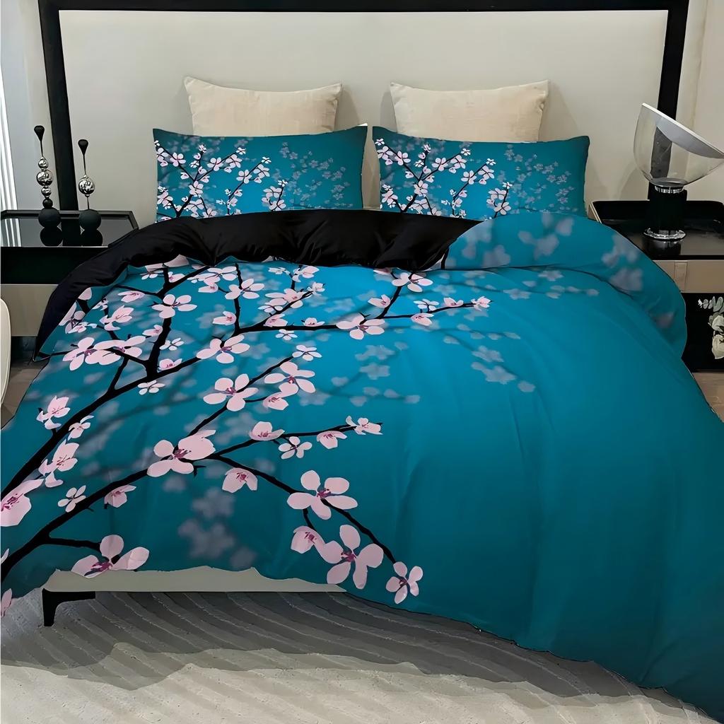 Blue Background Cherry Tree Flower 3D Printed Quilt Cover Sets Fashion Japanese Style Home Soft Textiles Duvet Cover Pillowcases