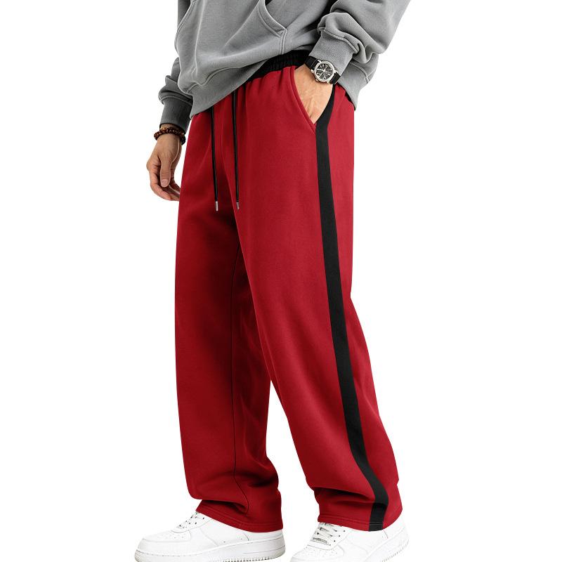 Pantaloni de trening largi pentru bărbați, căptușiți cu fleece, tricotaj greu, dungă contrastantă laterală, șnur, croială largă, casual, sport