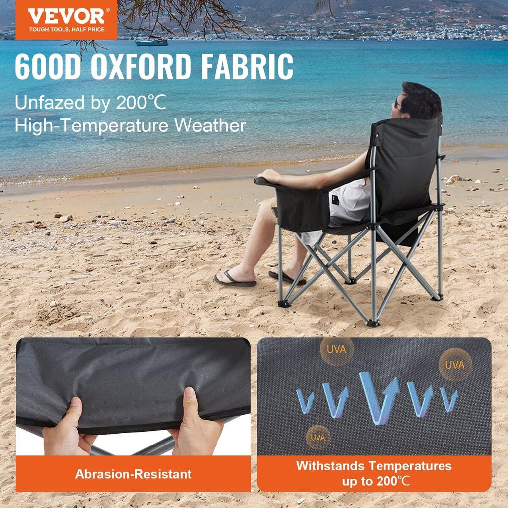 Camping Folding Chair for Adults, Portable Heavy Duty Outdoor Quad Lumbar Back Padded Arm Chairs with Side Pockets, Cup Holder and Cooler Bag for
