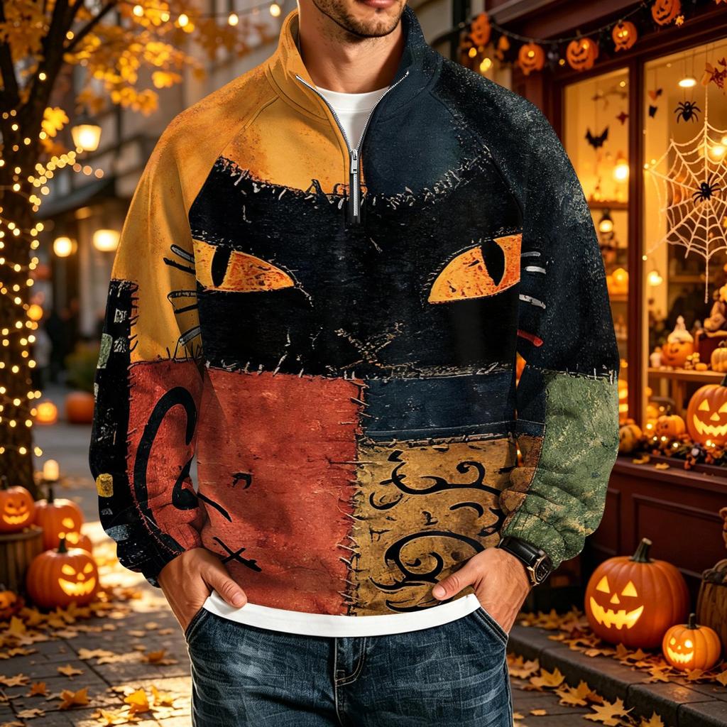 Men's Loose Fit Raglan Sleeve Sweatshirt with Stand Collar and Halloween Print for Parties and Daily Wear