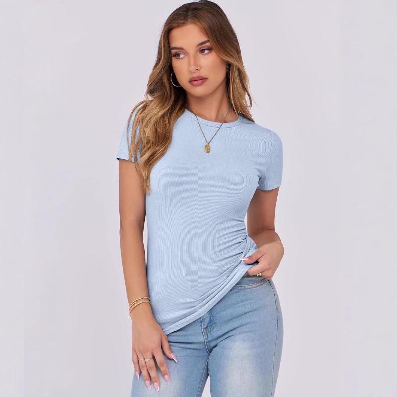 Women European Casual Slim Fit Ribbed Crew Neck Short Sleeve T Shirt