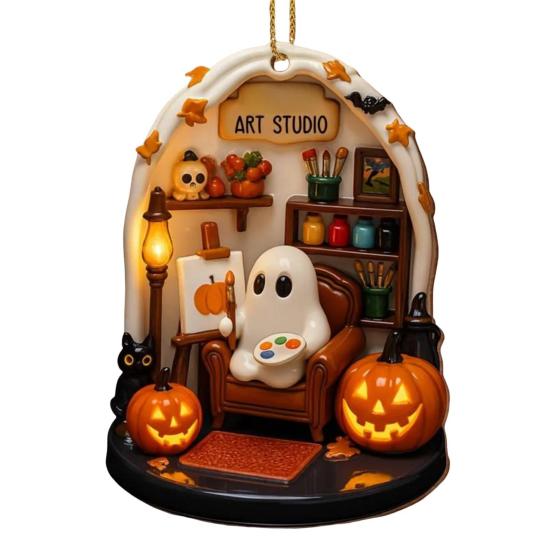 Halloween Ghost Ornament Acrylic Ghost-Themed Reading Cooking Painting Ornament Tree Hanging Decoration for Indoor Home Decor