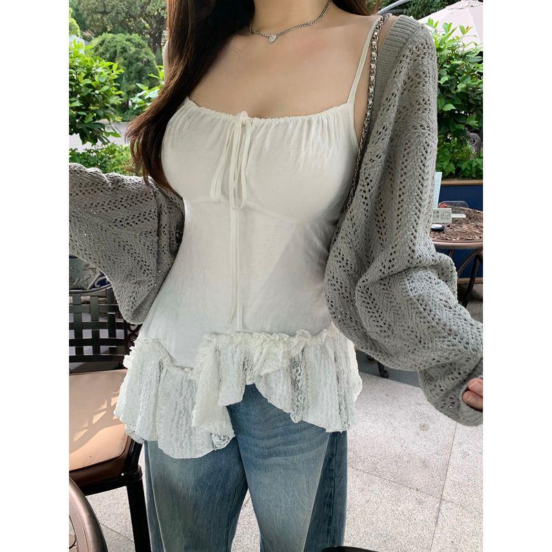 

Wildly Spicy, Perfect Match, Sweet Design for Slightly Chubby Women, Spaghetti Strap Knit Cover-Up, Wide-Leg Pants, Plus-Size Set Gray Blouse (Choose One Size Fits All) One size