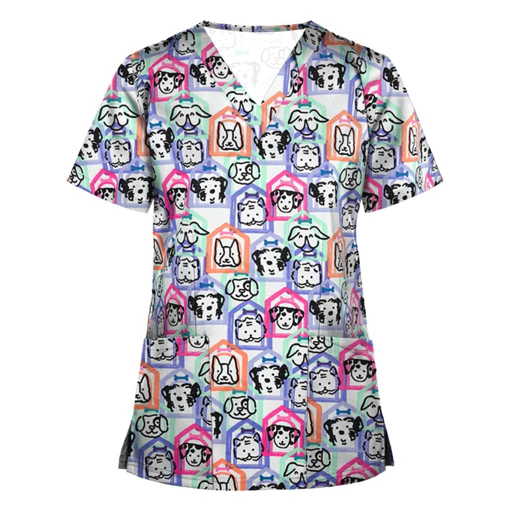 Women's Floral Print Scrub Top Short Sleeve V-Neck Medical Uniform Shirt for Nurses and Healthcare Professionals